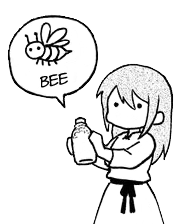 A simply-drawn girl holds out a jar indicated to contain a bee.